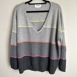 Absolut Cashmere Sweater Women Medium Gray Neon Striped V-Neck 100% Cashmere
